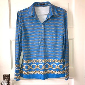 J. McLaughlin Blue with Gold Chain Stripes Shirt S